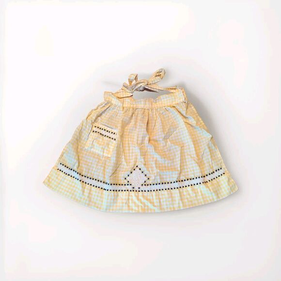 Vintage Half Apron Yellow White Gingham Check Pocket Hostess Apron Cottagecore - Picture 1 of 5